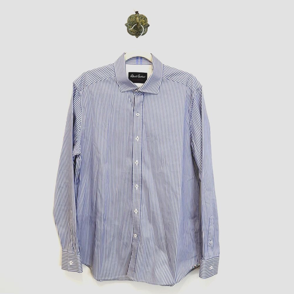 Robert Graham Blue White Stripe Tailored Fit Dress Shirt Contrast Trim Men’s XL